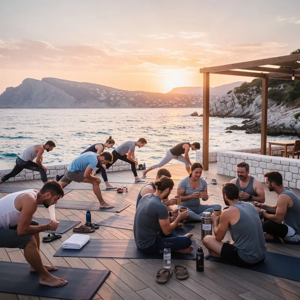 Šalica čaja od mace na drvenom stolu uz svježe voće.