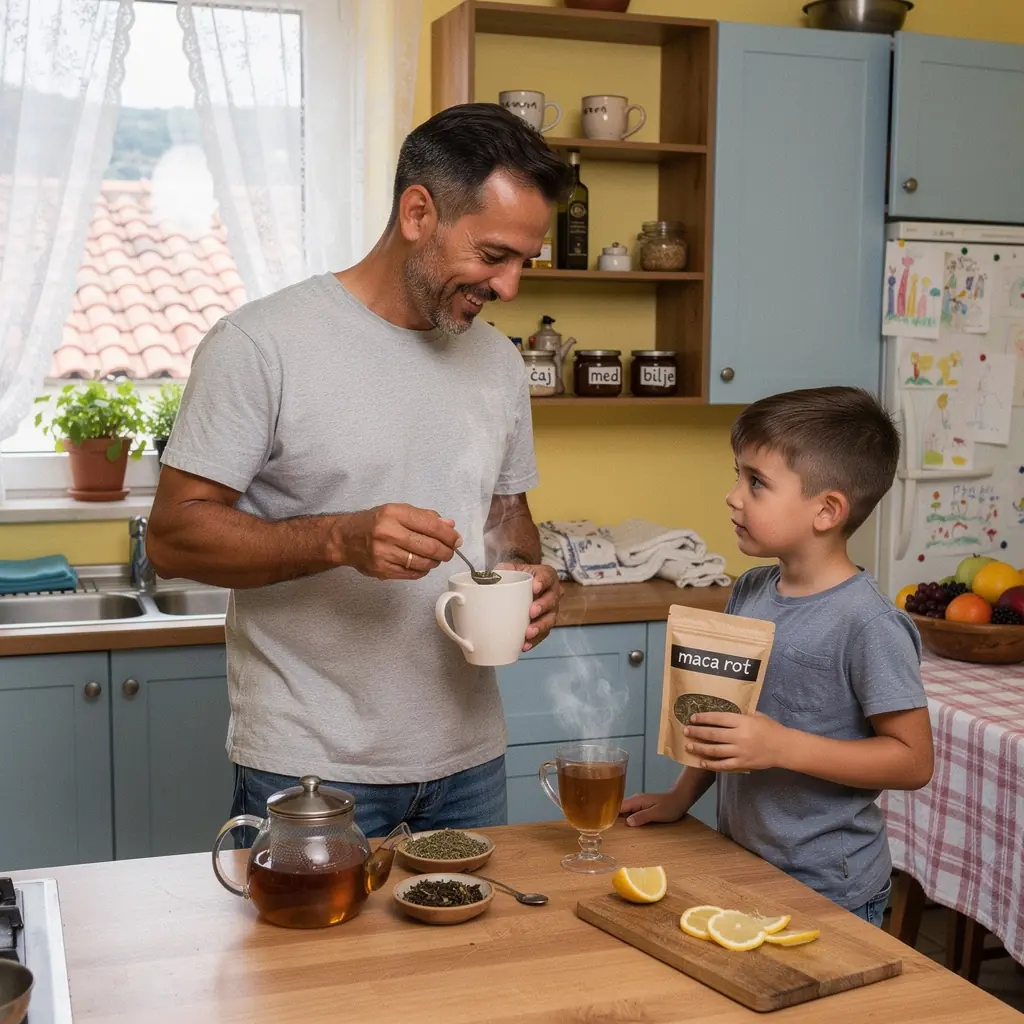 Paket čaja za mušku plodnost s informacijama o zdravim sastojcima.