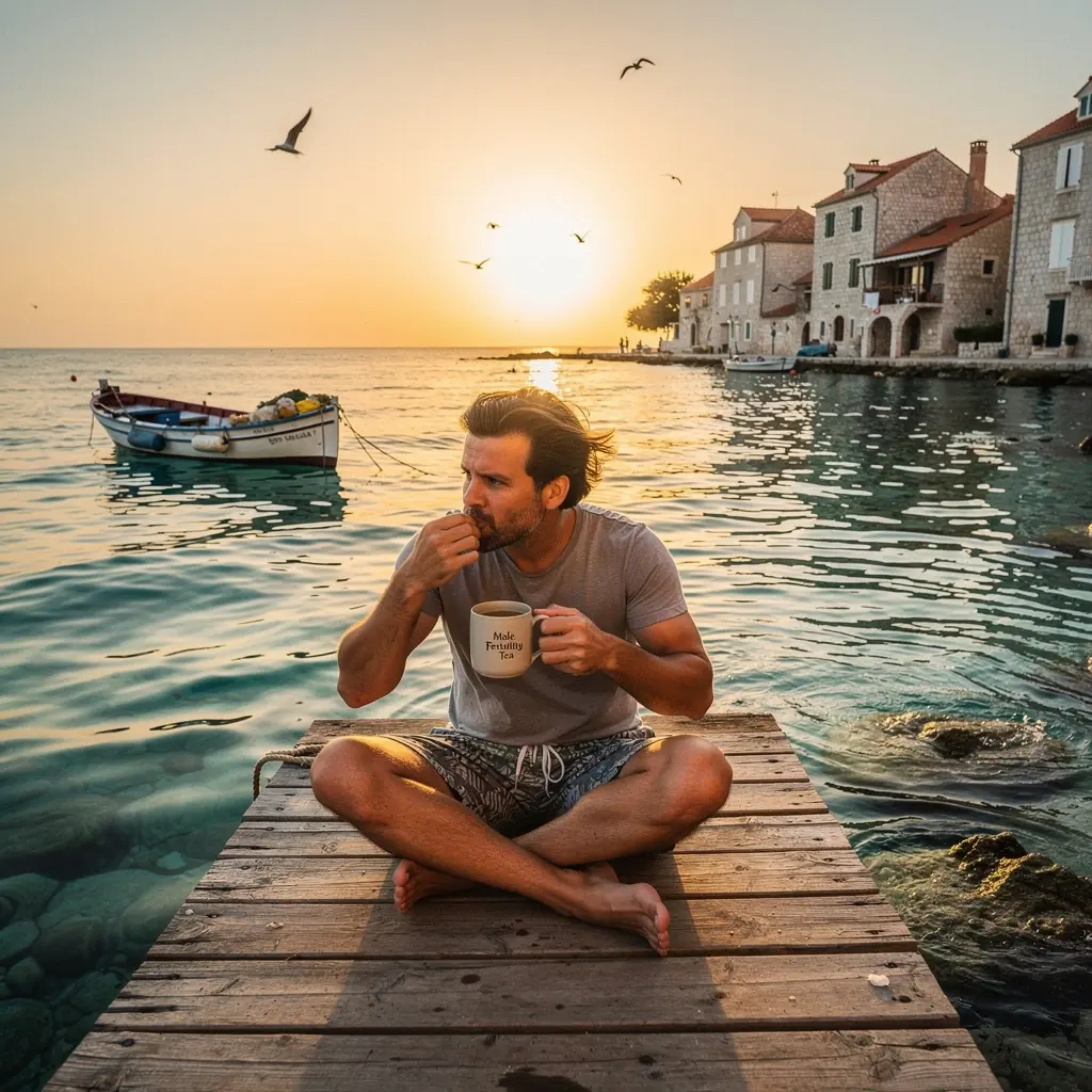 Prikaz šalice čaja s aromatičnim biljem na stolu.