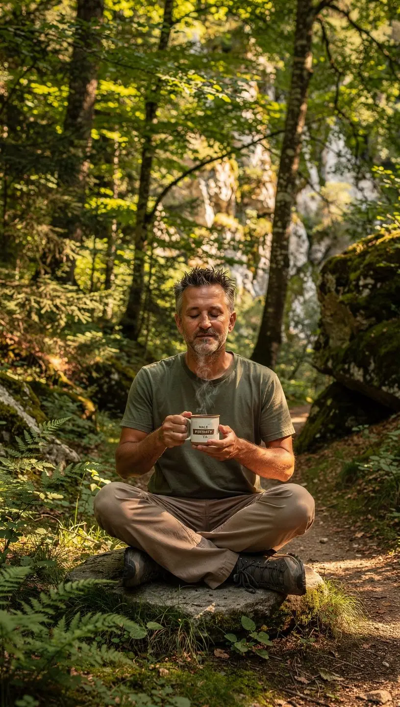 Ilustracija muške plodnosti s cvjetovima i biljem oko šalice.