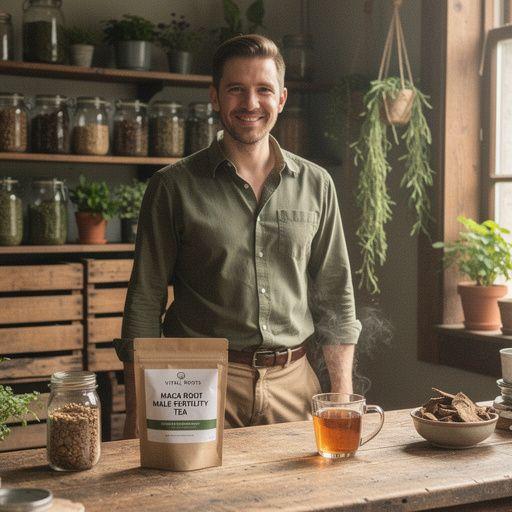 Šalica čaja od maca korijena na drvenom stolu, okružena svježim sastojcima.